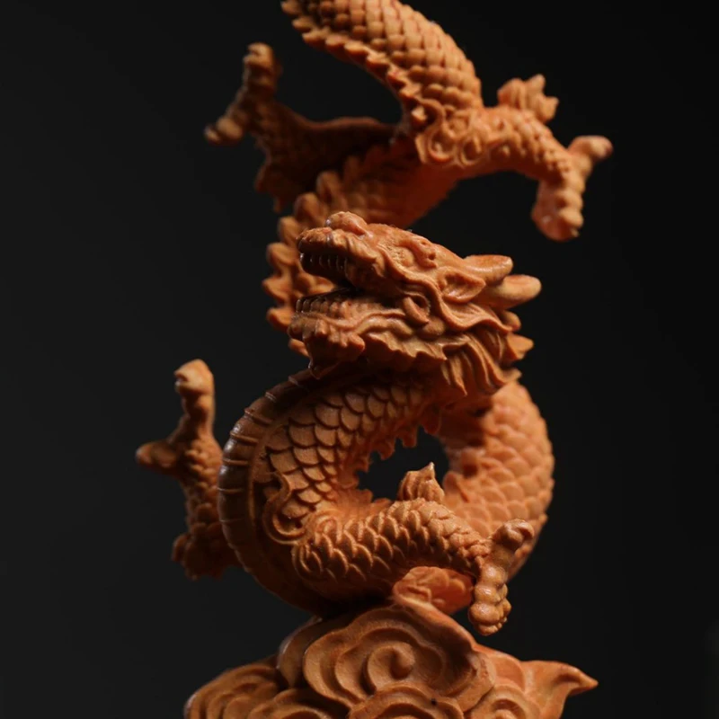 Boxwood Dragon Statue Chinese Auspicious Beast Solid Wood Carving