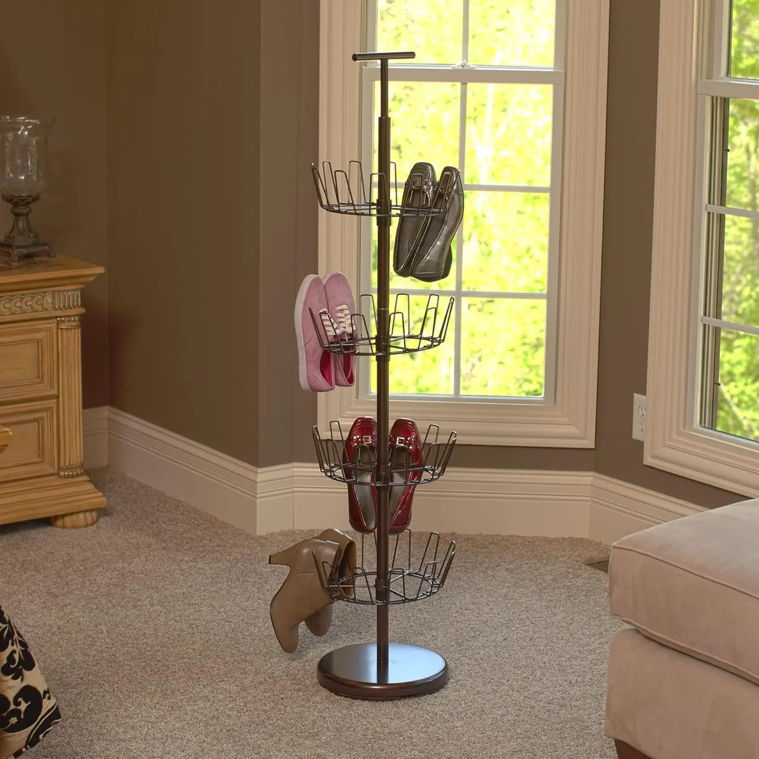 Metal Four-Tier Adjustable Revolving Shoe Rack | Holds up to 24 Pairs of Shoes | Antique Bronze