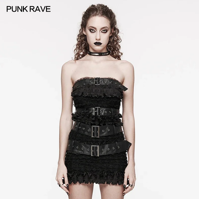 PUNK RAVE Women's Daily Cute Punk Tube Top Chest Detachable Leather Loops Rebellious and  Sexy Tops Summer Women Clothing