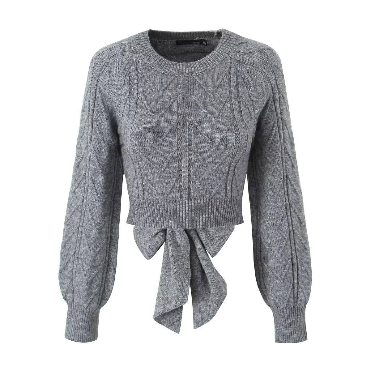 ハイウエスト バックレス 長袖 ニット セーター レディース 無地 ラウンドネック スリム バタフライノット オーバーヘッド Tシャツ