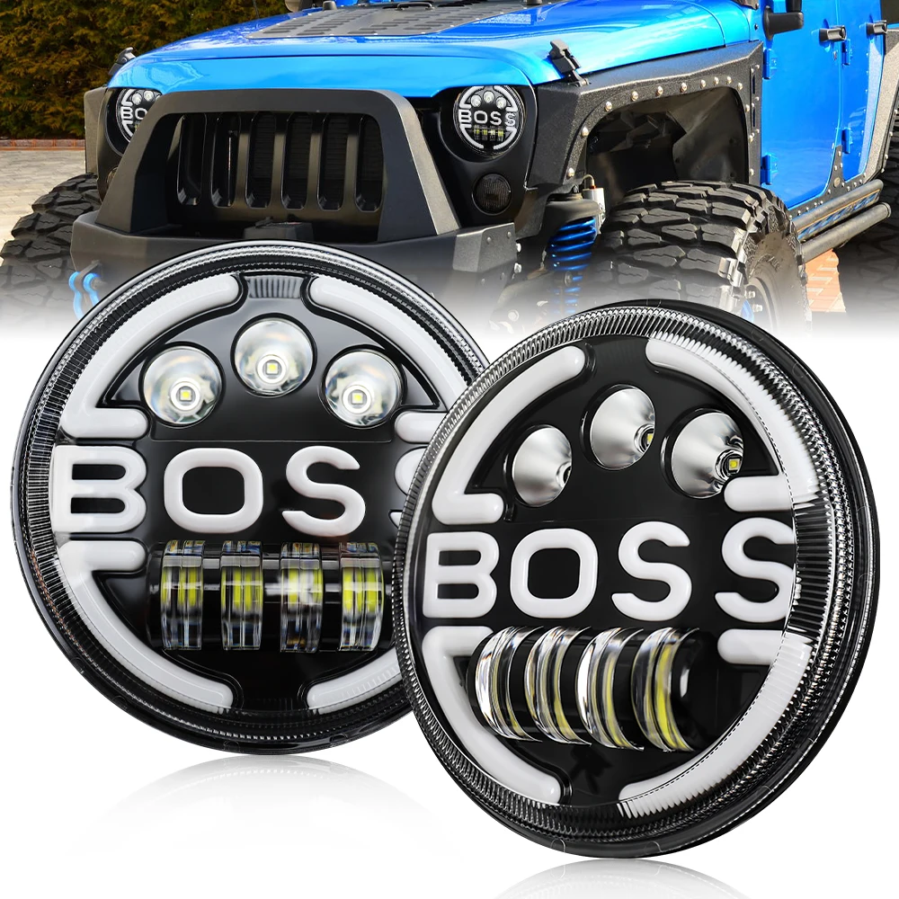 12v 24v DOT BOSS Super bright high low beam yellow Turn Signal DRL offroad motorcycle e-bike 7 inch round led headlight for