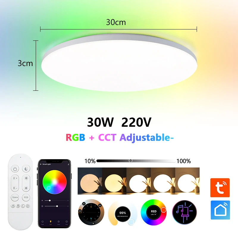 Plafonnier LED Intelligent à Intensité Réglable, RVB, 30W, Luminaire Décoratif d'Nik, Compatible avec Tuya, Alexa et Google