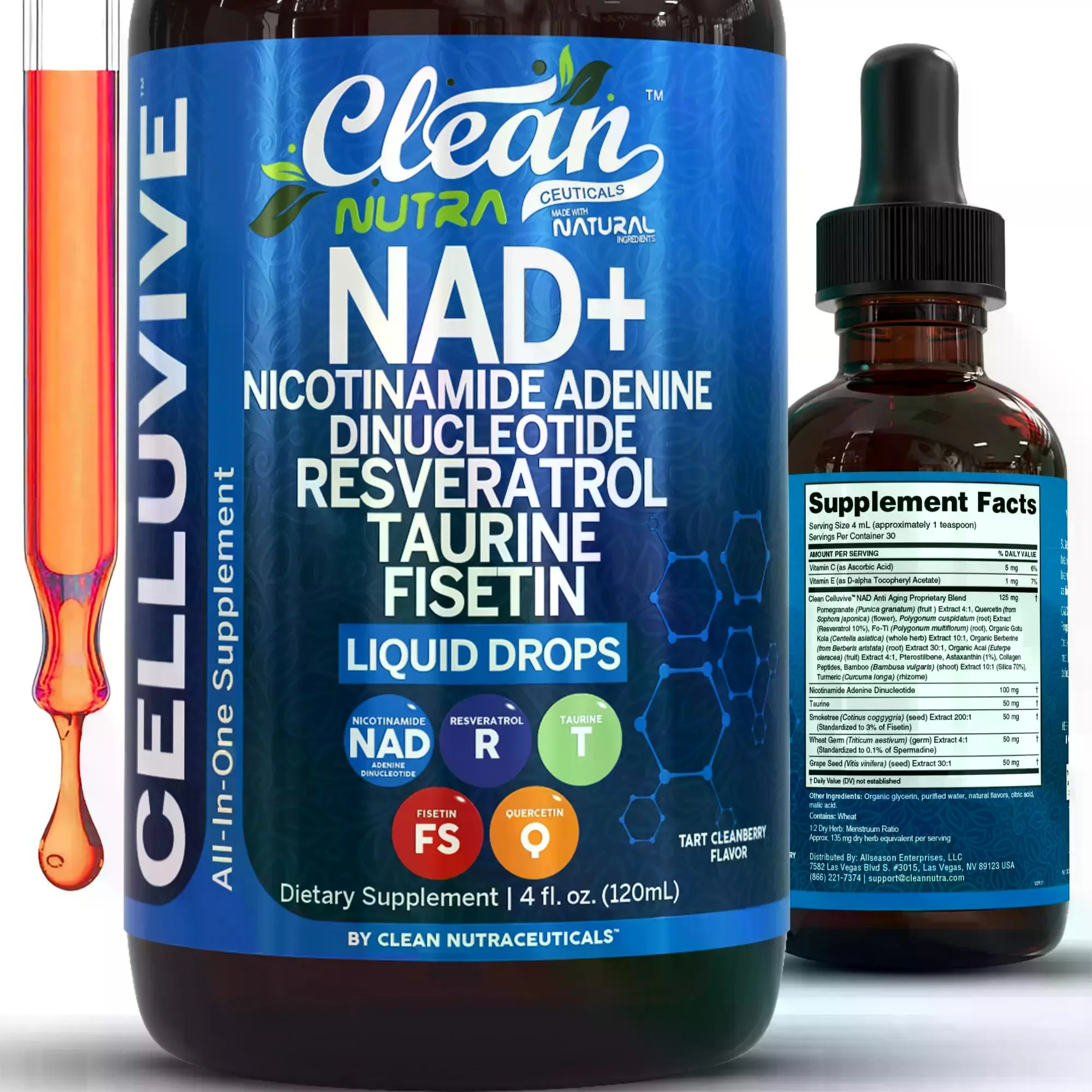 Clean Nutra NAD+, Nicotinamida Adenina Dinucleótido, Resveratrol, Taurina, Fisten y Más para Energía Celular y Suplemento Antienvejecimiento - Gotas Líquidas Celluvive