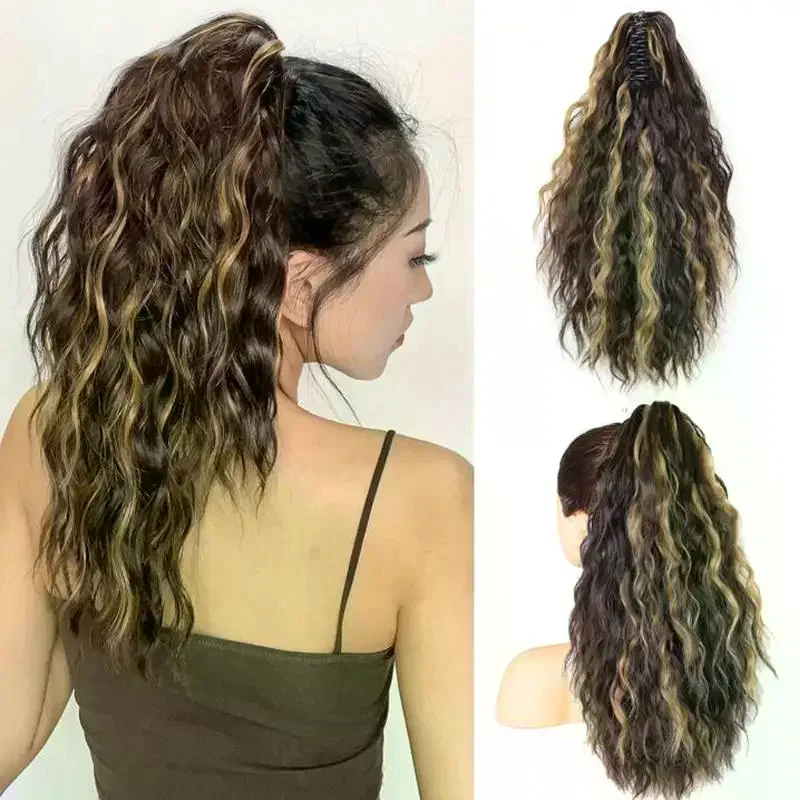 Synthetic Water Wave Long Curly Hair Claw Clip Ponytail Black Blonde Heat Resistant Fiber Fluffy Messy Extensions Style