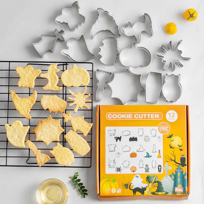 12Pcs Stainless Steel Halloween Cookie Cutter Set Pumpkin Bat Ghost Spider Web Kitchen Baking DIY Mold Tool Accessory