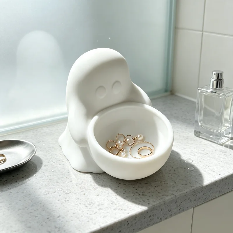 Ghost-Shaped Jewelry Dish Gift, Cute White Ghost Ring Holder, Decorative Storage Bowl for Miscellaneous Items, Suitable for Girls, Aesthetic Dressing Table Decoration, Housewarming/Birthday/Halloween Gift