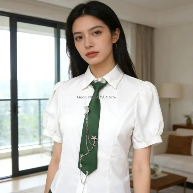  Uniform Punk Tie for Senior High School Girl Uniform Pre-tied Preepy Look Adjustable Neck Ties with Metal Chain