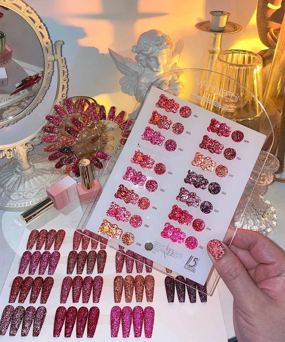 Vendeeni 15 Farben/Set Roter Glitzer-Broken-Diamond-Gel-Nagellack Semi-Permanenter UV-LED-Soak-Off-Gel-Lack mit Display – Detail 4