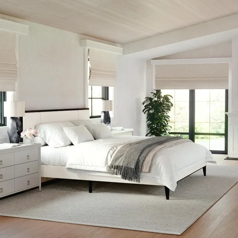 Platform Bed with Headboard, Fabric Upholstered Built-in Headboard and Base, Solid Wood Frame, No Box Spring Required