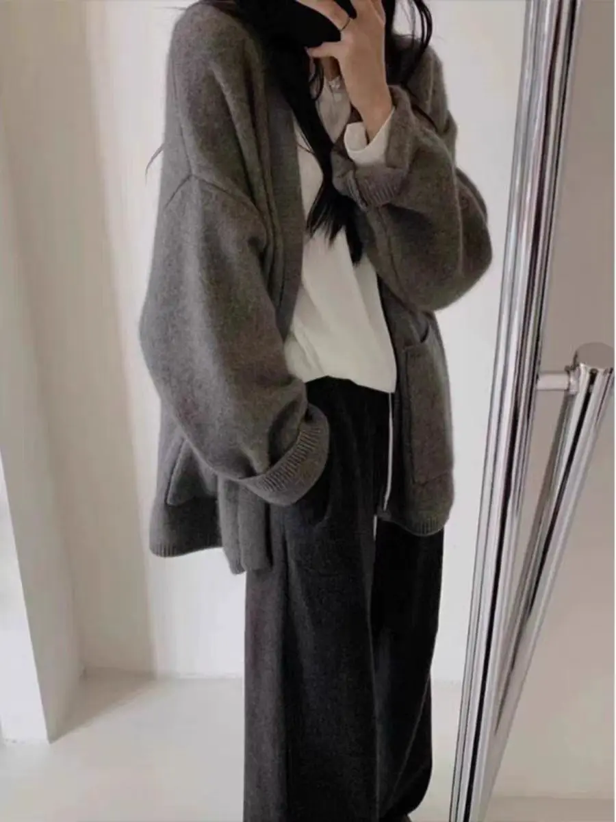 European goods 100% wool cardigan women's knitwear medium and long sweater soft loose thickened cashmere coat