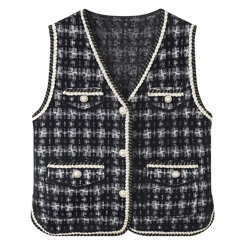 Houndstooth Knit Vest with Contrast Trim Flap Pocket Pearl Button Brush Sleeveless Cardigan Sweater Women Fall Winter Outfit