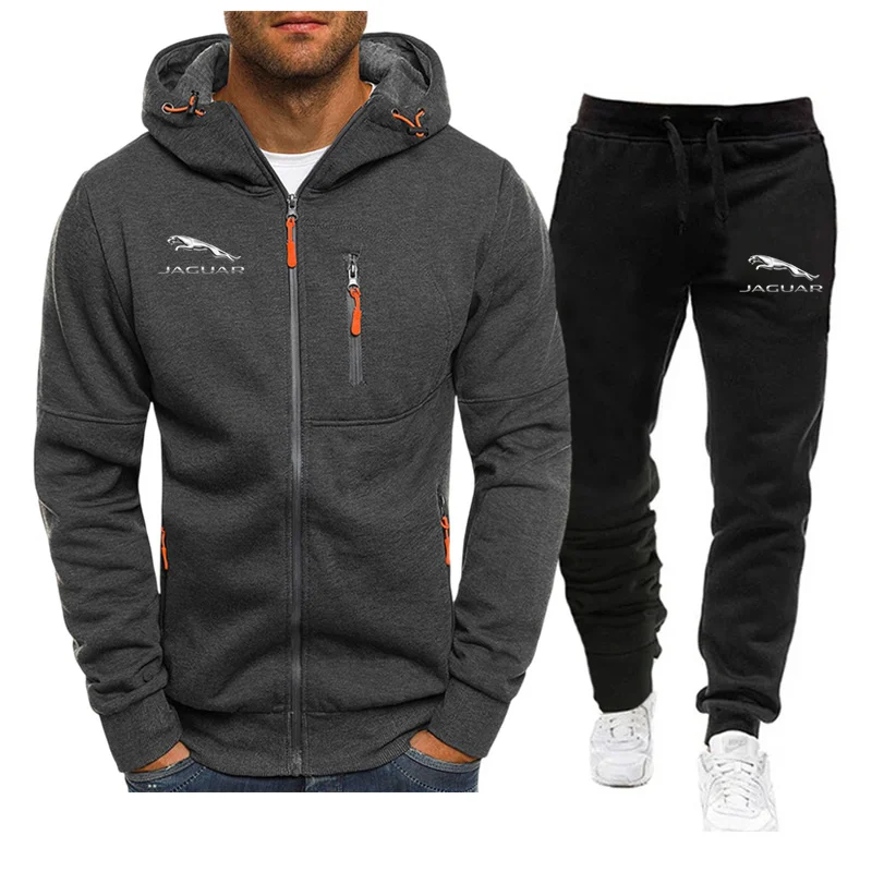 Men Jaguar Car Logo Print 2 Piece Sets Sportswear Zip Hooded Sweatshirt+Pants Gym Running Men Clothing 2024 New Tracksuit