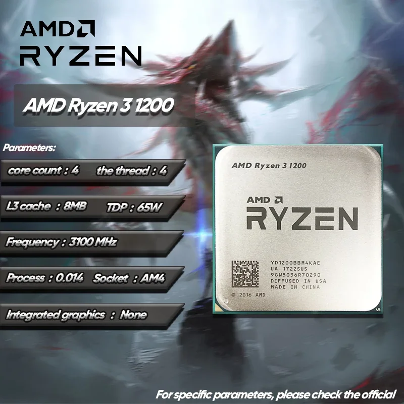 AMD Ryzen 3 1200 R3 1200 3.1 GHz Used Zen Gaming 0.014 micron Quad-Core Quad-Thread CPU  YD1200BBM4KAE Socket AM4