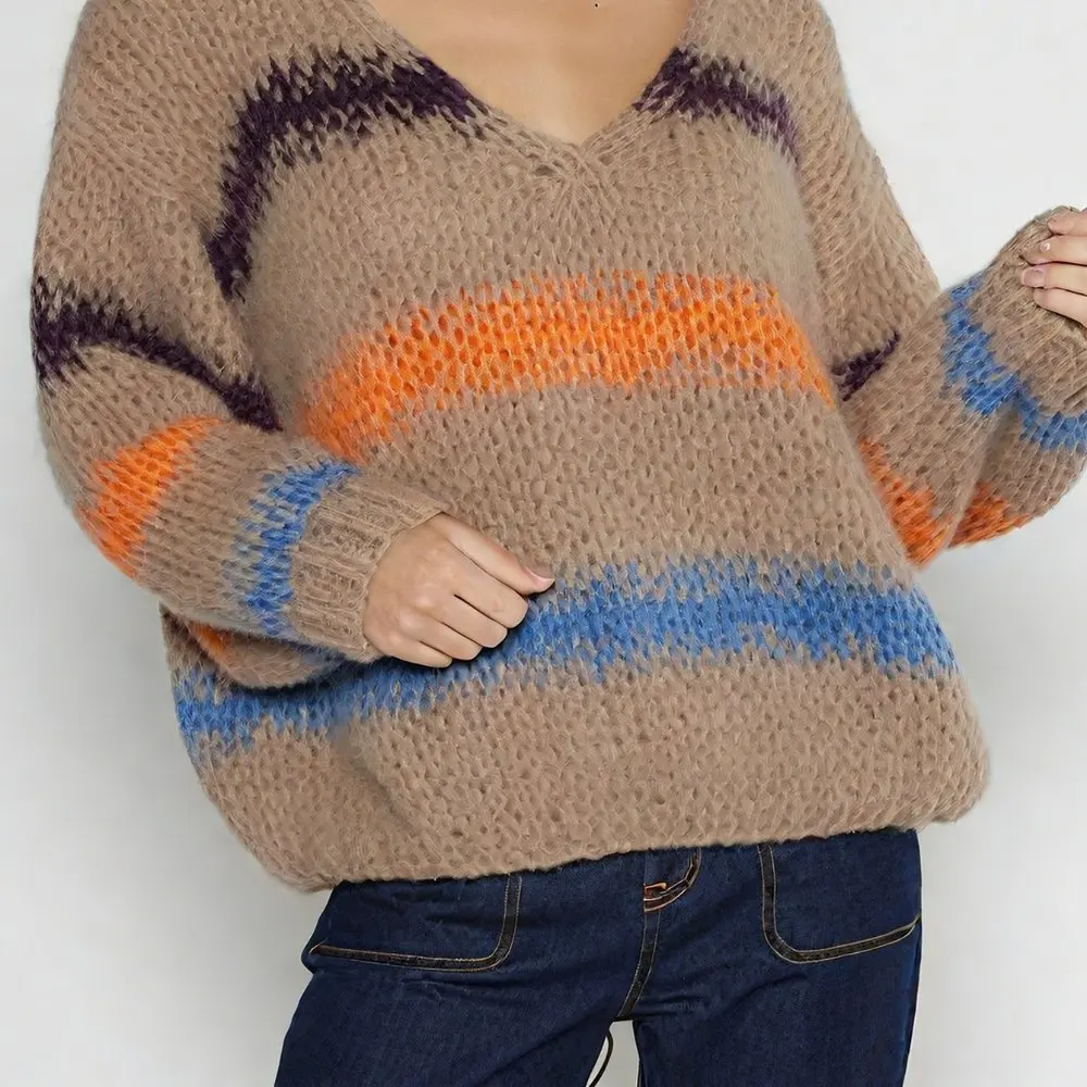 

Свободный женский вязаный свитер с длинным рукавом и v-образным вырезом, полосатый топ с цветными блоками, осенне-зимний модный повседневный удобный пуловер