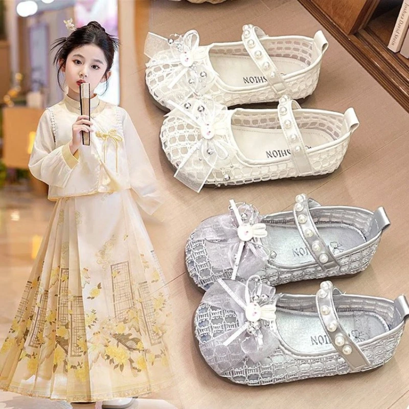 

Sweet Children Princess Rabbit Shoes New Lolita Bow Girls Ballet Mary Jane Shoes Breathable Kids Dress Flat Shoes Wedding Party