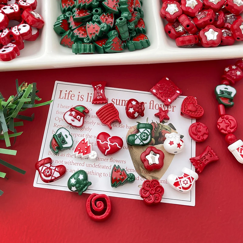 6pcs Cartoon Christmas Painting Series Christmas Tree Beads Separated Beads DIY Bracelet Mobile Phone Chain Beaded Accessories