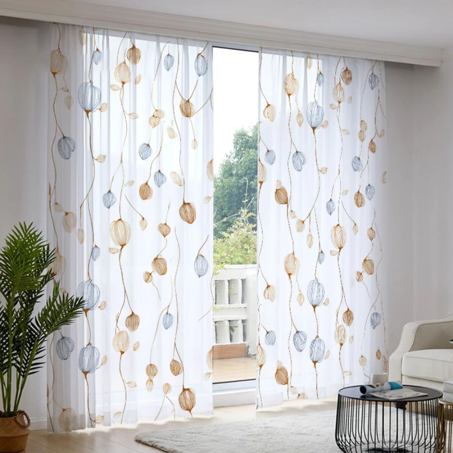 2PCS Digital Printed Sheer Curtain, Lantern Scattered Branches, Warm Cozy Oriental Night for Living Room Bedroom Home Decor