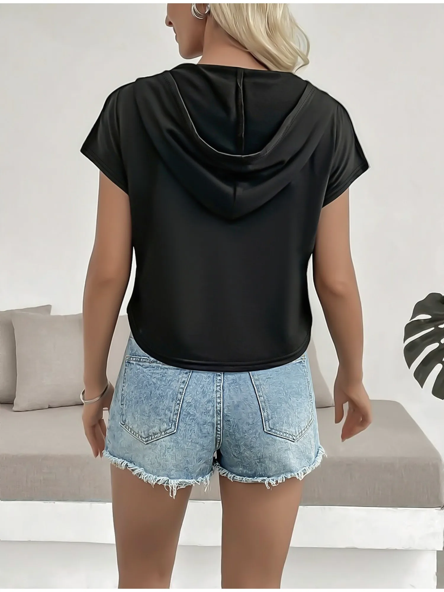 Female Drawstring Hood Half Ring Zipper Short Sleeve T‑Shirt Curved Hem Cropped Loose Pullover Solid Black Summer Daily Tops