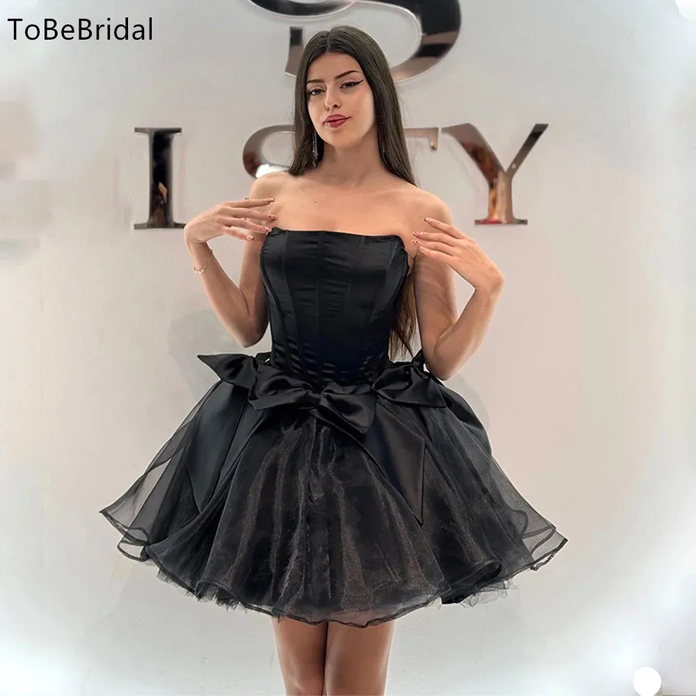 Black Short Party Dress Sweetheart Strapless Tulle Bow Homecoming Dresses Knee length Special Event Cocktail Dress Customized