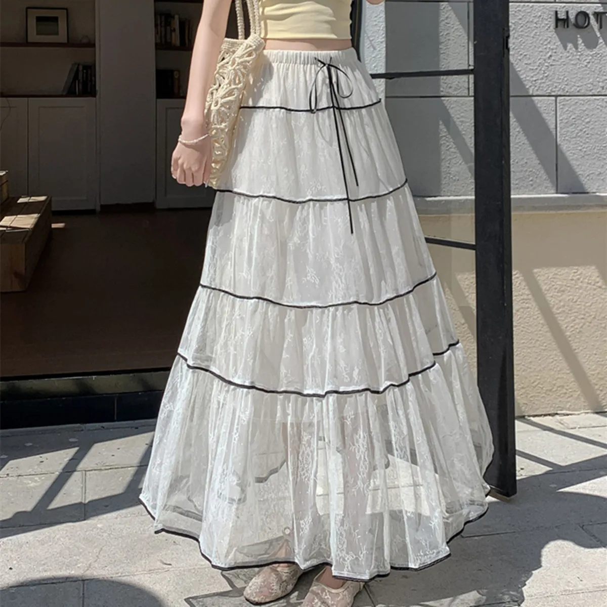 

Summer Fashion Tulle Patchwork Midi Skirt For Women Elegant High-Waisted Embroidery Lace A-Line Skirts Femme