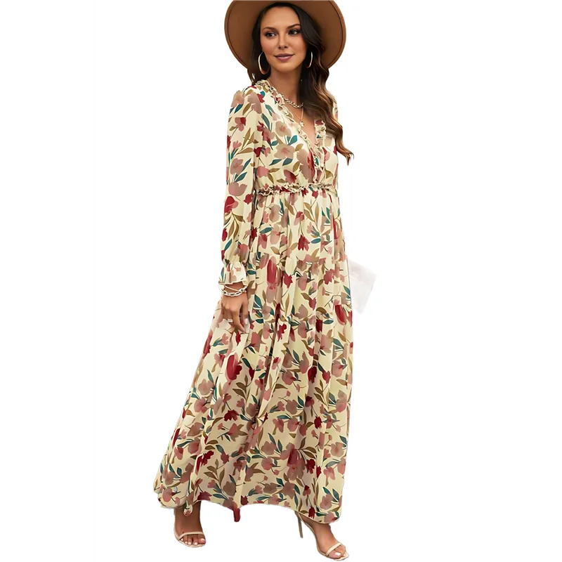 فستان بوهو ماكسي نسائي برقبة على شكل V وأكمام طويلة وكشكشة على شكل حرف A فساتين شيفون متأرجحة