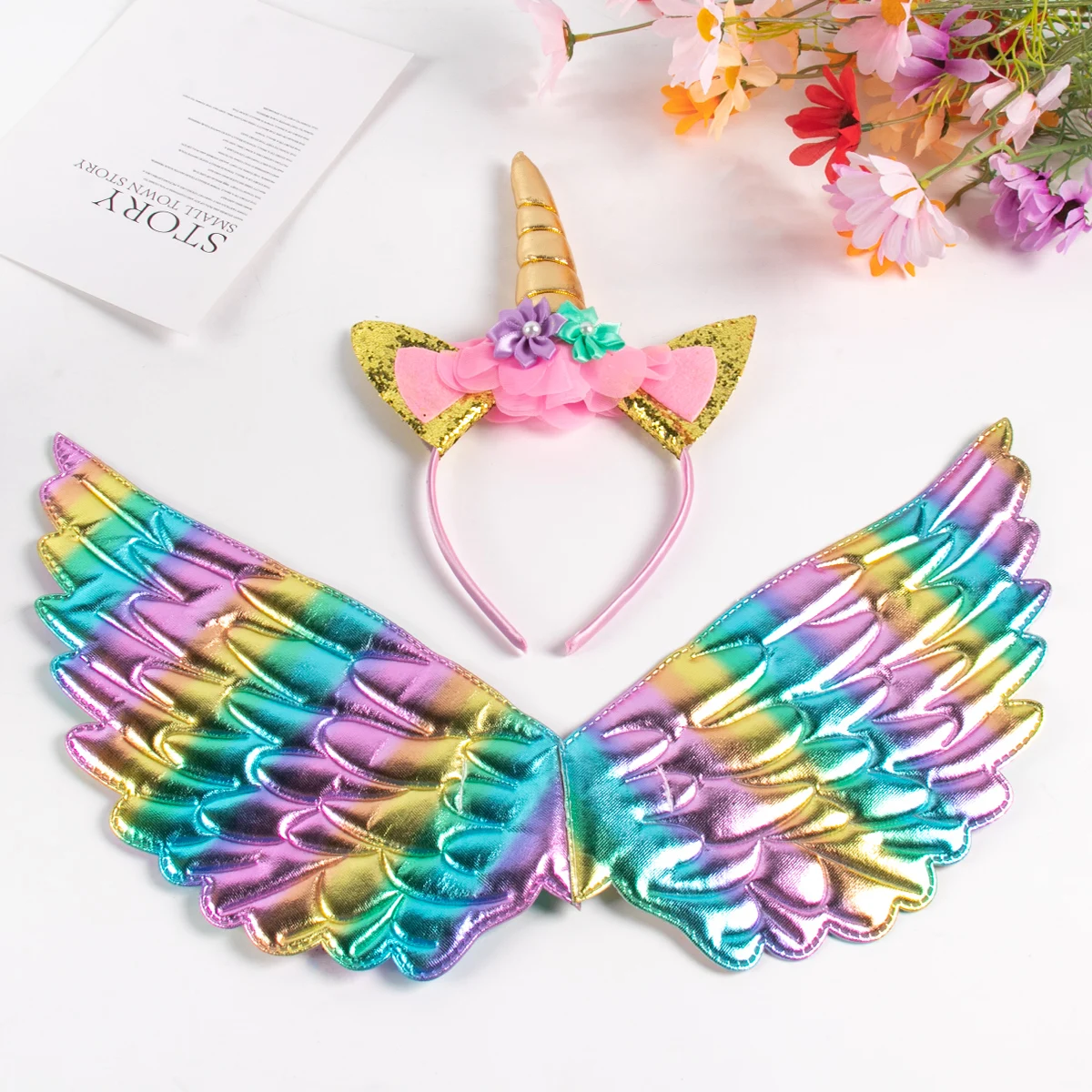 

Unicorn Birthday Angel Wings Decor Cartoon Rainbow Unicorn Headband Birthday Party Baby Shower Supplies Gril Gifts Cosplay Props