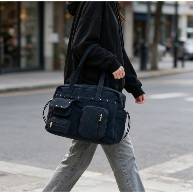 Mehrtaschen-Nietenhandtasche, Großraumige Einfarbige Metallnieten-Tragetasche, Vielseitige Pendler-Reise-Aufbewahrungstasche mit Schulterriemen – Detail 2