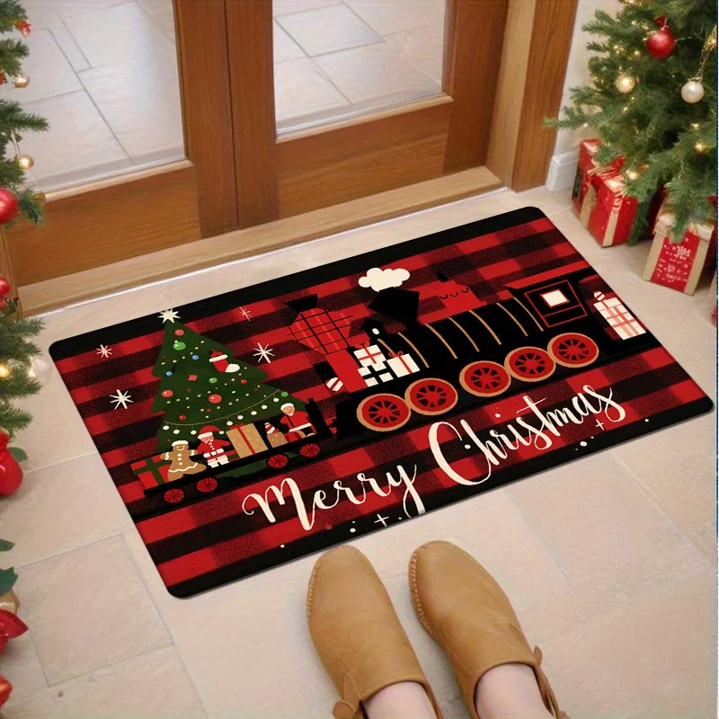 Flannel Thickness 0.47inch - 1pc Classic Christmas Red and Black Striped Door Mat, Red Train Print Absorbent Non-Slip Area Mat,