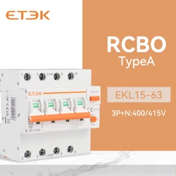 ETEK Low Voltage RCBO 4P(3P+N) 30mA A type RCD Overload Short Current Leakage Protection Protect RCBO RCD 25A 32A 40A 63A EKL15