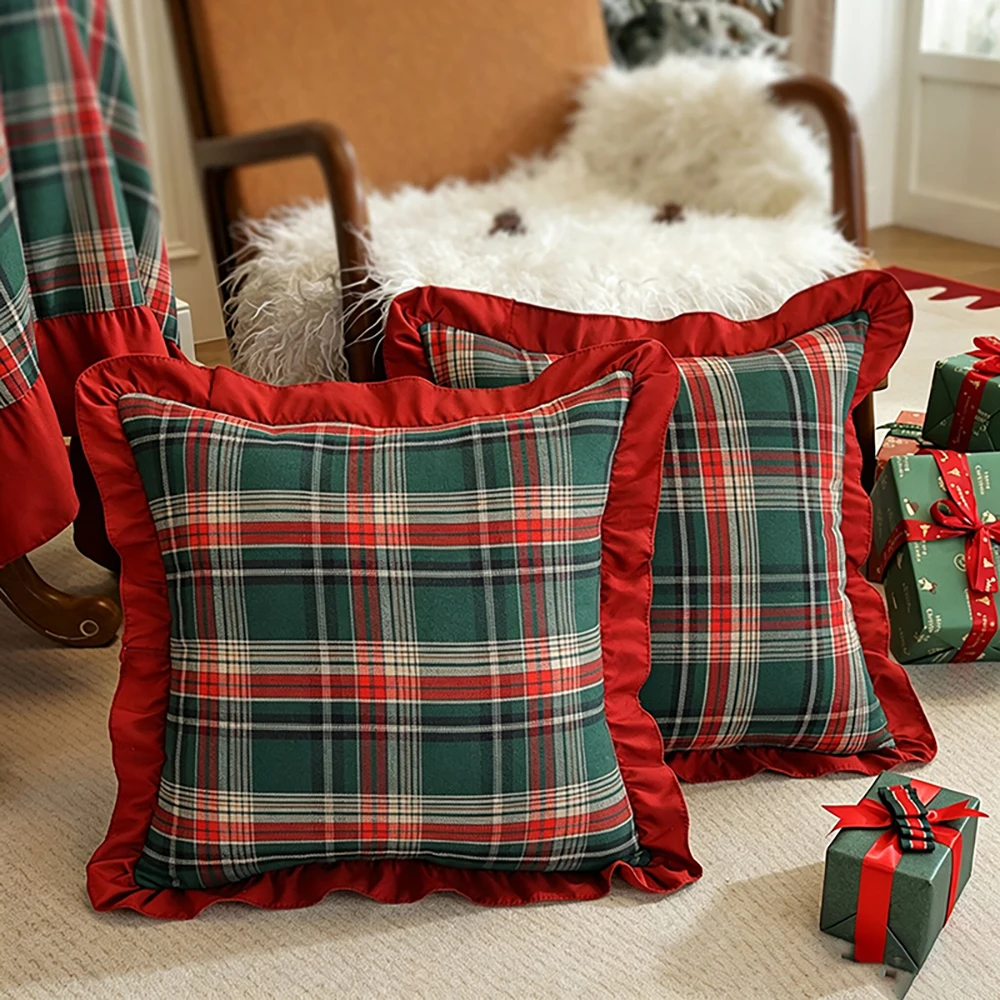 Dekorative Karierte Rüschen-Kissenbezüge, Schachbrettmuster Sofakissen-Überzüge, Wohnzimmer-Kissenhüllen, Weihnachtsdekoration – Detail 13