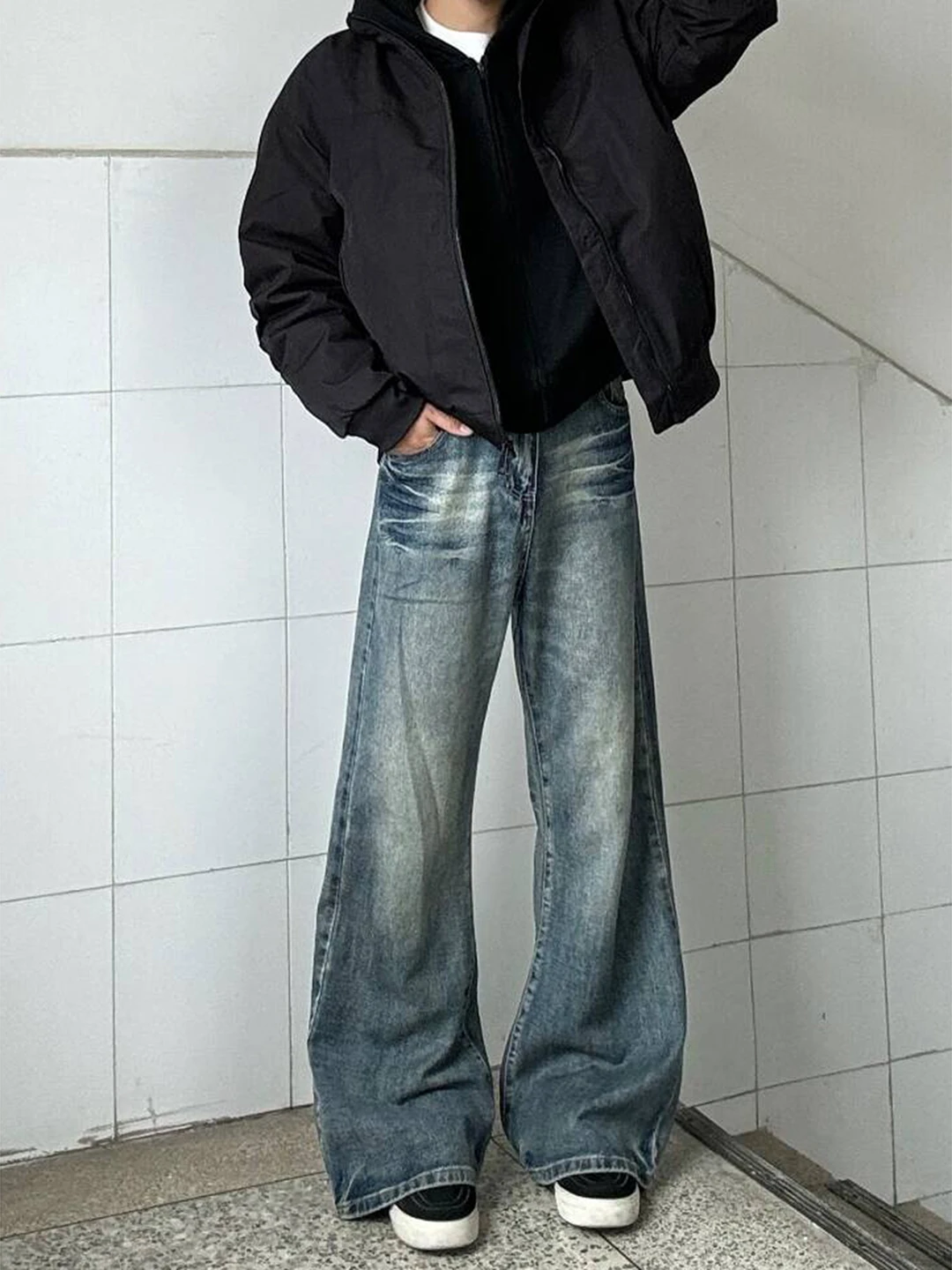 

Blue High Waist Straight Leg Wide Leg Jeans Men's Autumn Winter American High Street Vibe CleanFit Jeans Knife Design