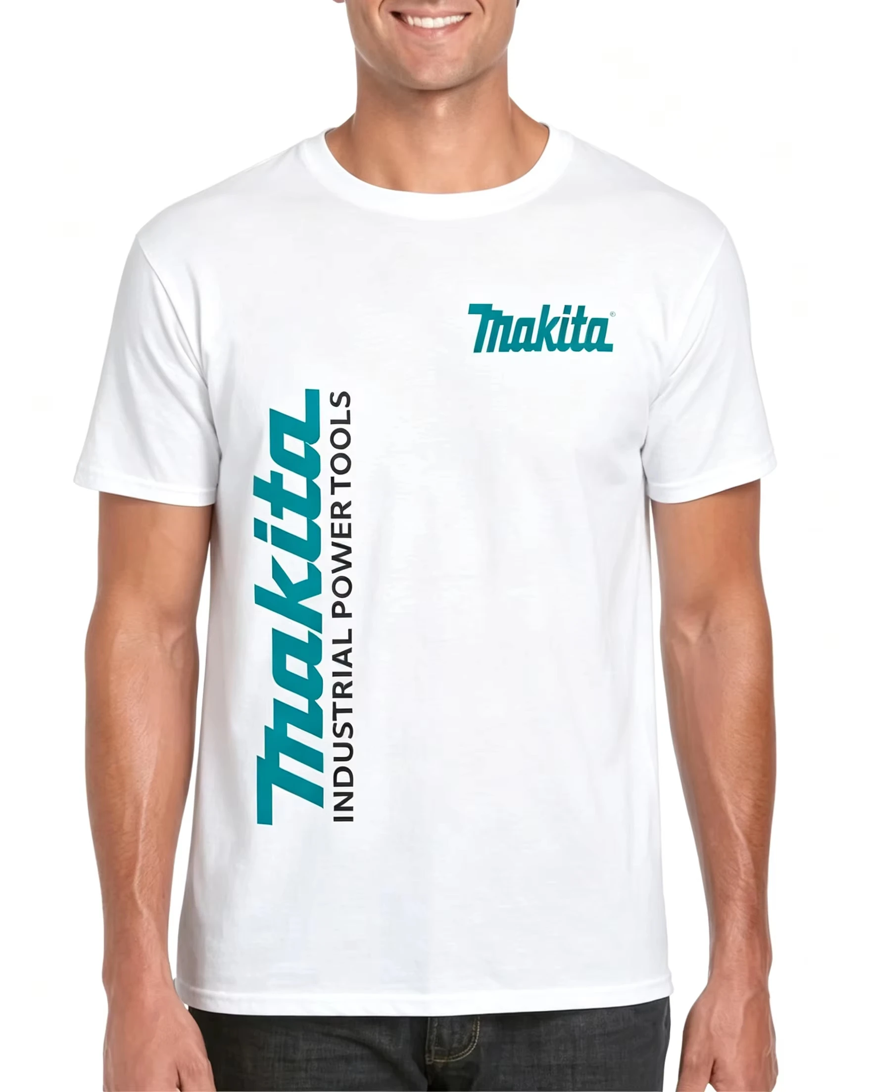 Latest Style Industrial Tool Vertical Letter T-Shirt Teal Font Workwear Print Casual Loose Unisex Street Short Sleeve Tops