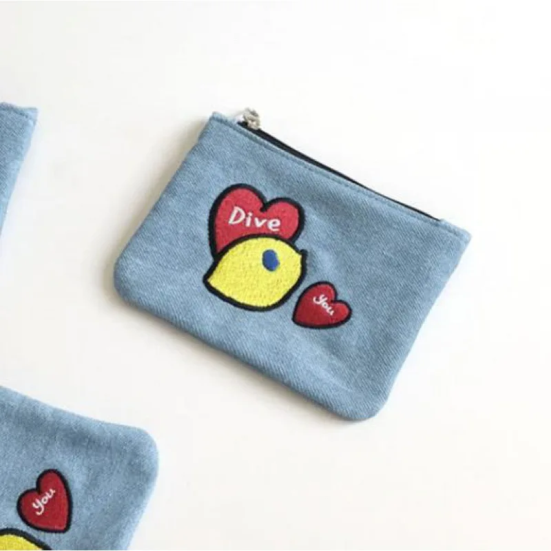 Love Heart Embroidered Denim Coin Purse Cute Mini Lipstick Coin Storage Bag