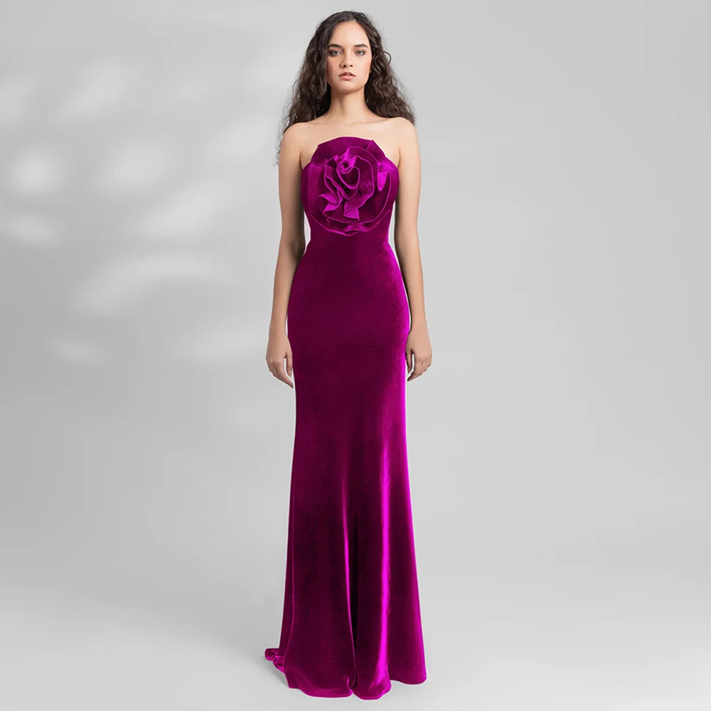 Purple Velour Evening Dress Strapless Sleeveless Big Flower Open Back Mermaid Prom Dresses Velvet Party Gown for Weddings