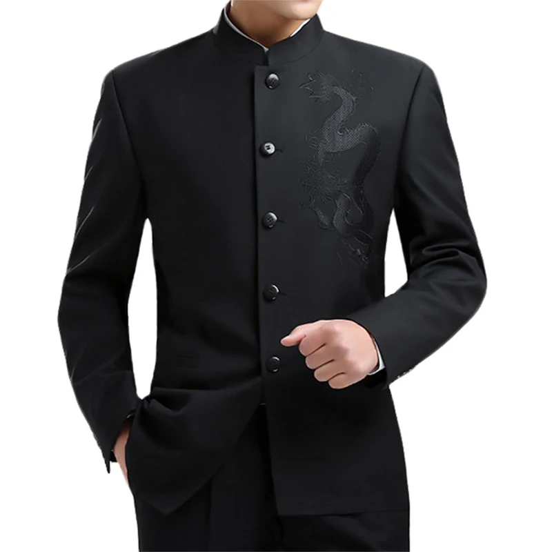 Oriental Dragon Embroidery Men Tunic Suit Jacket Black Stand Collar Chinese Style Kung Fu Zhongshan Coat