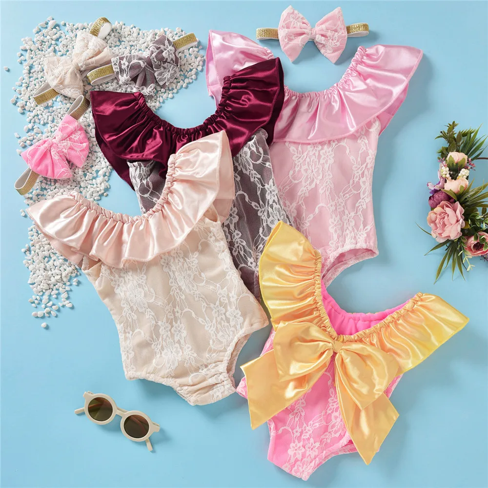 

Baby Girl Floral Lace Swimsuit Hairband 2-6Y Kids Children Summer Casual Sleeveless Swimwear Ruffle Beachwear Bathing Suit 2022