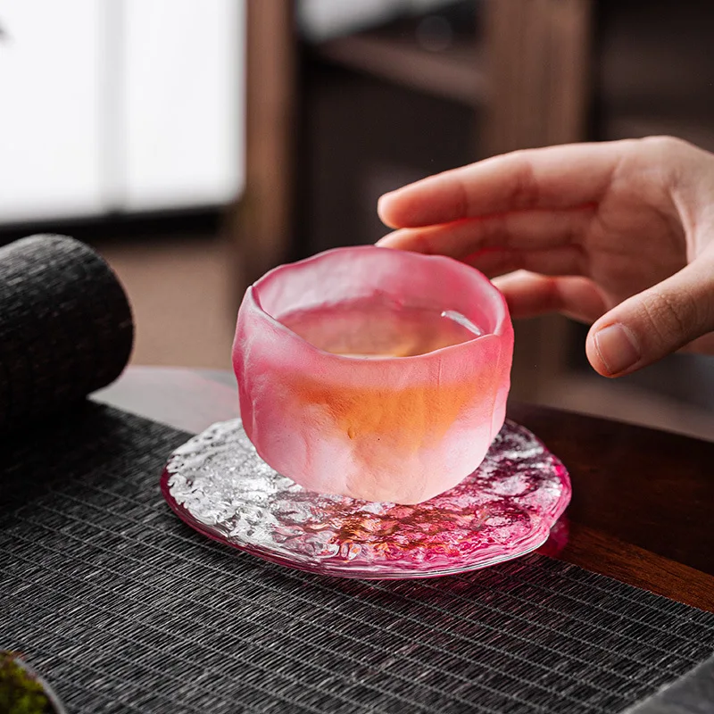60ml Japanese Pink Blue Green Glass Cup Saucer Sets Women's China-Chic Style Sake Cup Hostess Crystal Glaze Tea Cup Dish Set