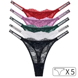 5Pcs Lace Sexy Girls Women Panties Seamless Underwear Rhinestone G String Letter Transparent Thong Female Low Rise Ladies Briefs