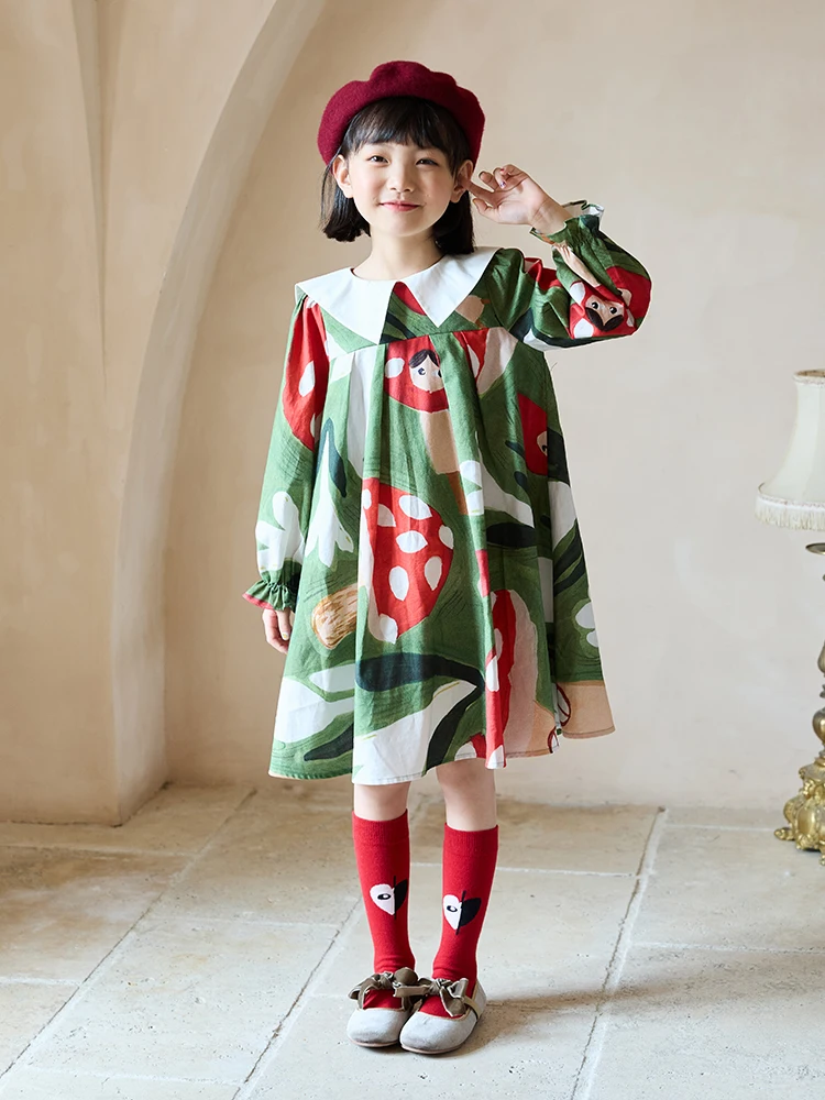 

Baby Girls 100% Cotton Full Sleeve Dresses 2022 Autumn Green Cartoon Printed Handpainted Cute 2T 14Y Kids Clothing 160cm 100cm