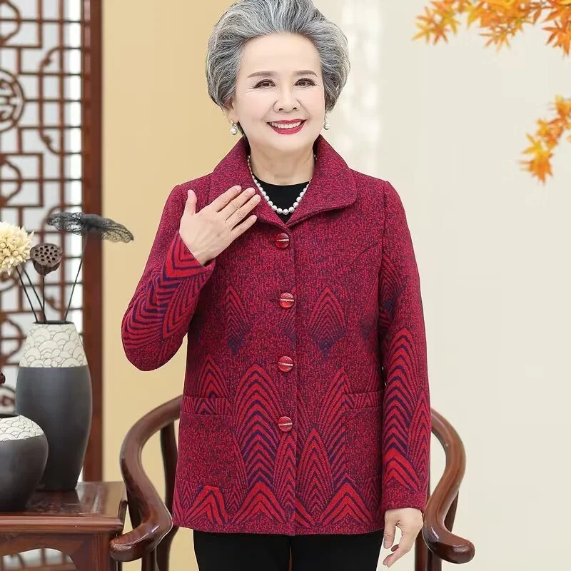 Autumn Winter Female Large Size 5XL Coat Middle Aged Mother Flip Collar Tops Jacket Grandma's Long Sleeves Outwear And Pants Set