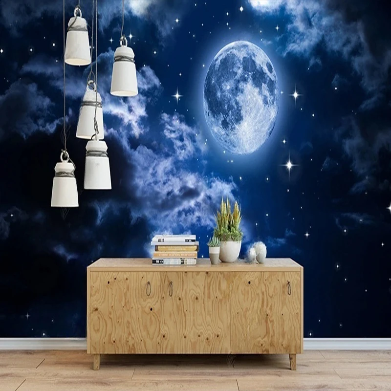Modern Custom Wall Mural 3D Wallpaper for Ceiling & Wall Decor - Starry Sky Moon Galaxy Pattern Wall Art for Bedroom Living Room