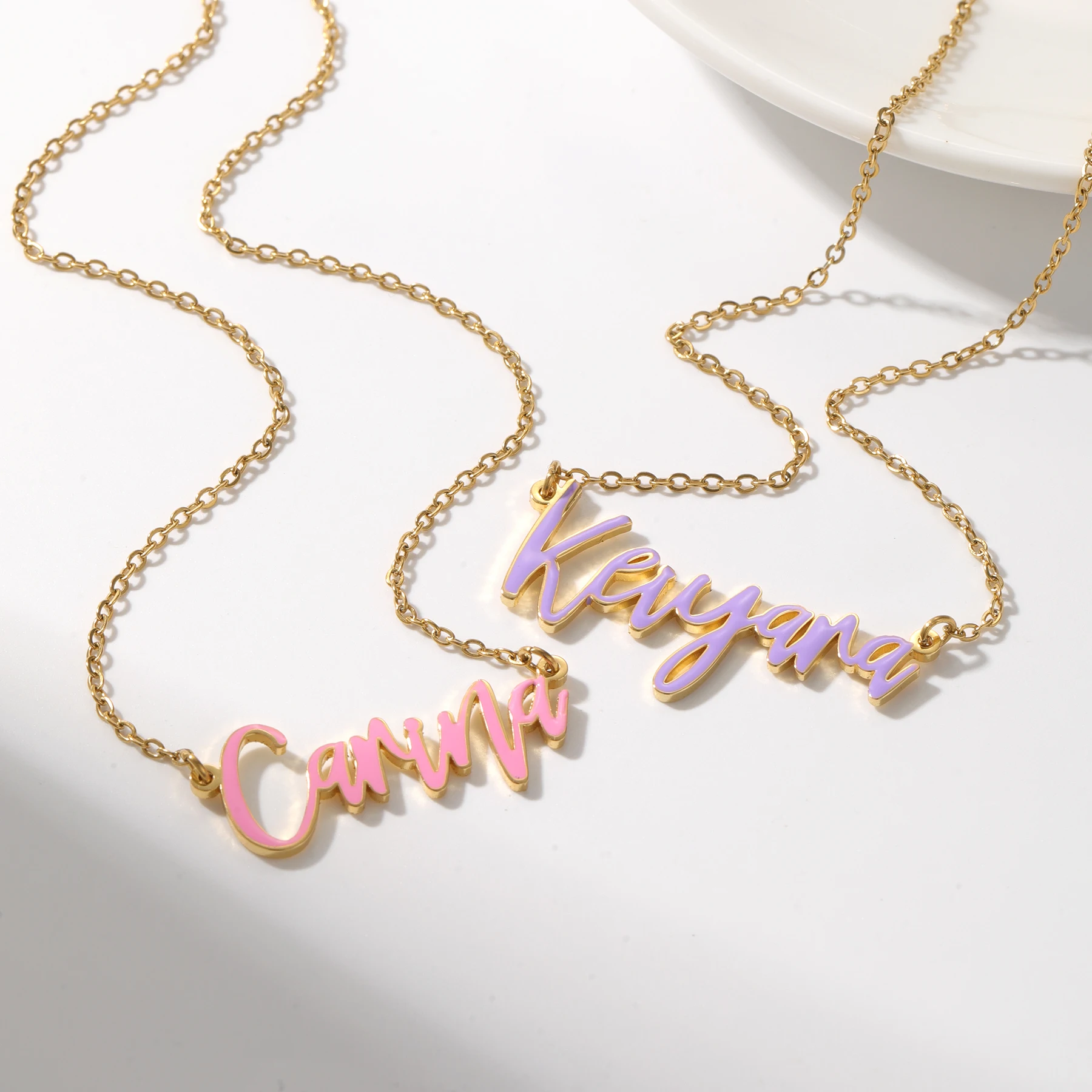 

Qitian Colorful Name Necklace Stainless Steel Pendant Personalized Enamel Necklaces Dopamine Chain Jewelry Women Christmas Gift