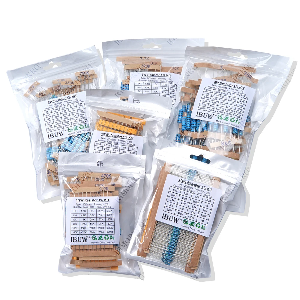 150PCS 300PCS 1/4W 1/2W 1W 2W 3W Resistance 1% Metal Film Resistor Assortment Kit Set 30Values Each 5/10PCS 1~750 1K~820K Ohm