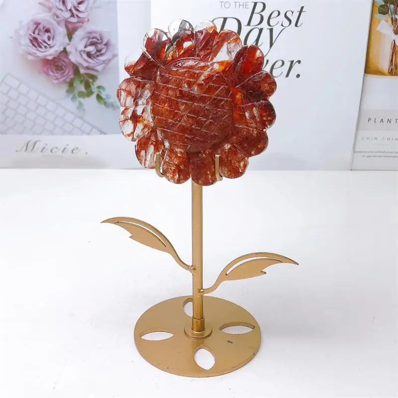 Natural Red Fire Quartz Hematoid Sunflower Crystal Carved Figurine Fashion Holiday Gift Quartz Carving Healing Home Decoration