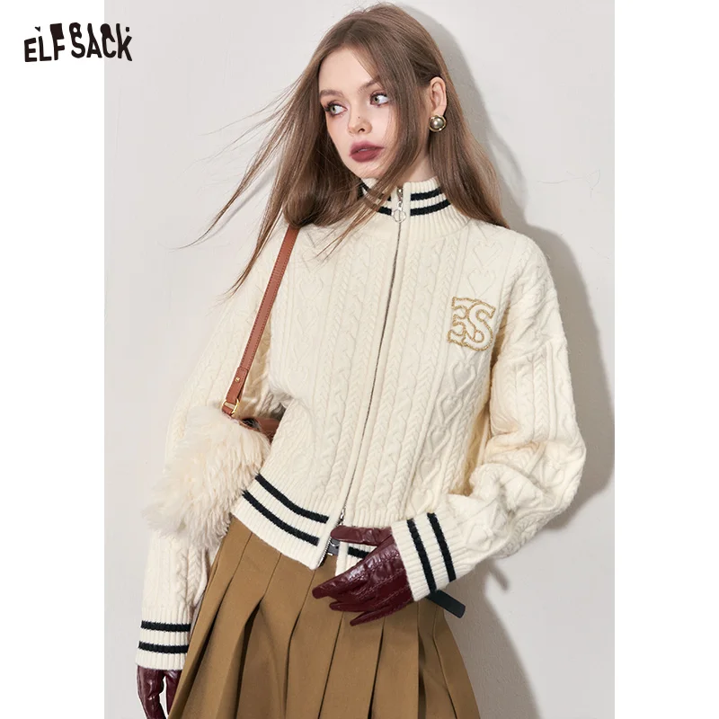 

ELFSACK Slim Zip Up Sweaters Women 2023 Winter Korean Fashion Tops