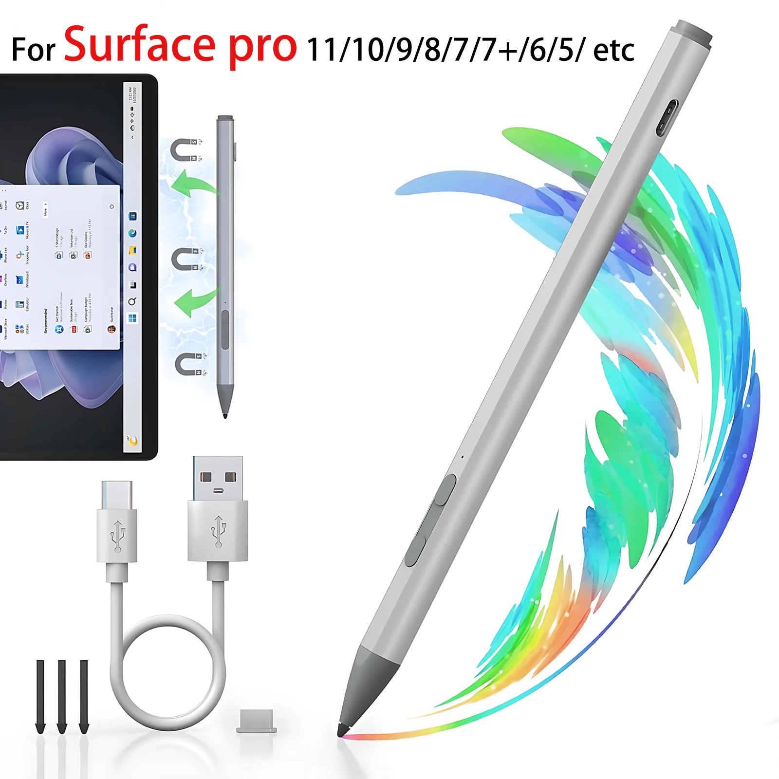 

for Surface Pro 11/9/10/8/X/7/6/5/4/3, Stylus USB-C Fast Charge, 4096 Pressure Painting and Writing Surface Pro Stylus