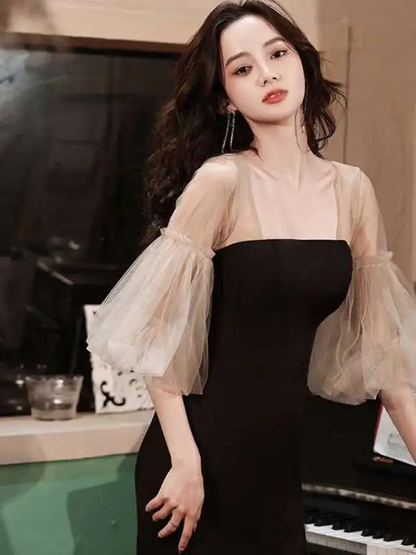 

Новое французское вечернее платье-русалка с высокой талией, длинными рукавами, на молнии, из полиэстера, для KTV, свадебное платье