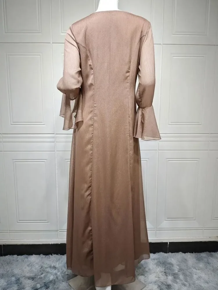 Dubai Flare Sleeve dresses For Muslim Woman V-Neck Solid Elegant Kaftan Moroccan Saudi Fashion Slim Fit Abaya Clothing