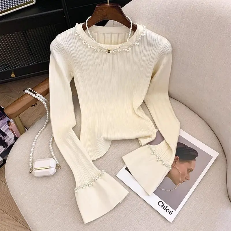 Matakawa Beading Flare Sleeve Women Sweaters Solid Korean Fashion Elegant Pull Femme Autumn Winter Sweet Retro Pullovers