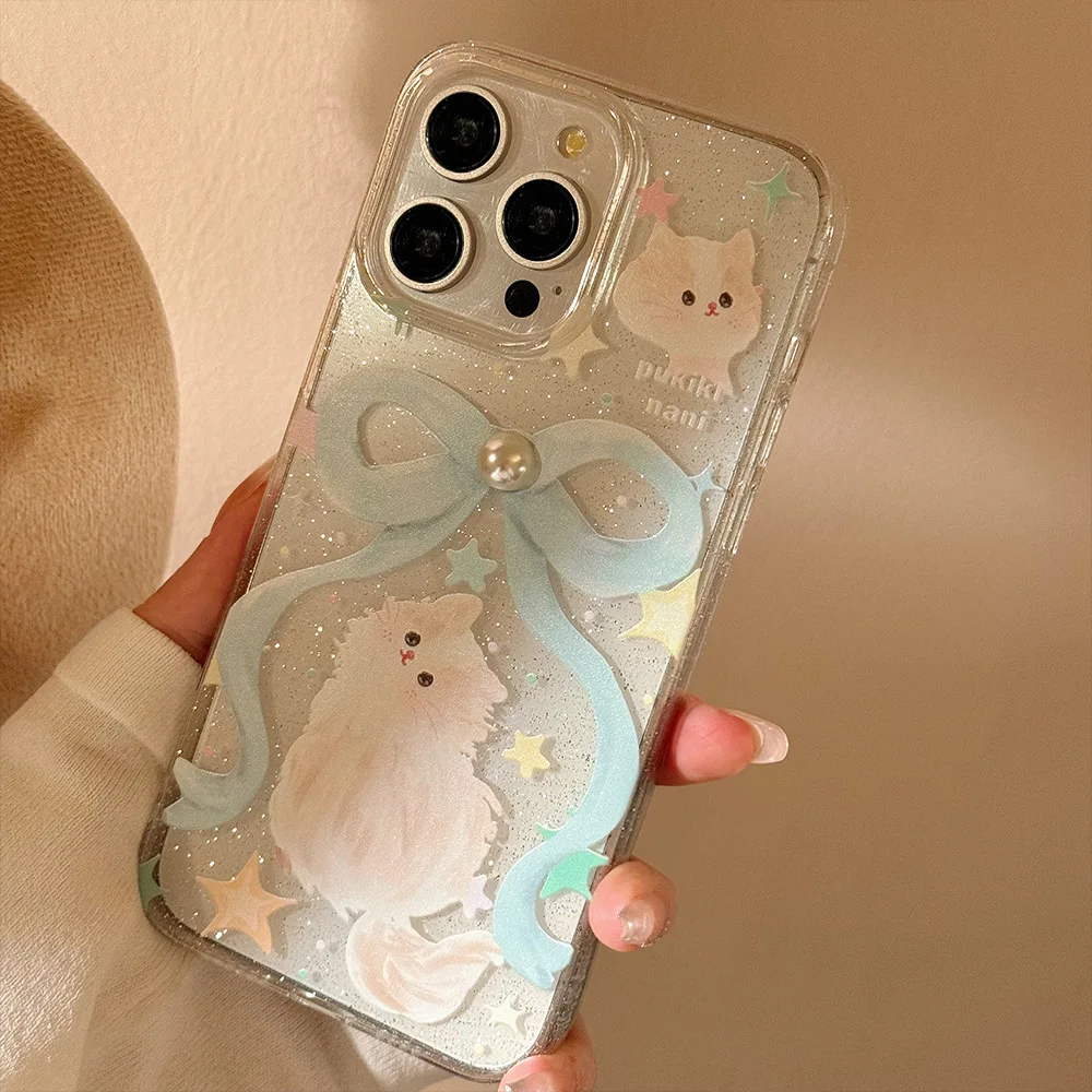 かわいい猫のデザインの光沢のある星が付いたブルーパールブレスレット,iPhone 13pro,15 pro,11 pro,12,13pro max,14pro max,14pro max用のエレガントなシェル